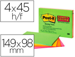 Bloc de notas adhesivas quita y pon post-it super sticky 149×98 mm con 45 hojas pack de 4 unidades colores neon