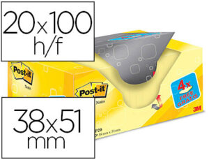 Bloc de notas adhesivas quita y pon post-it amarillo canario 38×51 mm pack promocional 16+4 gratis