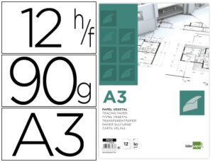 Papel dibujo liderpapel a3 297x420mm 90g/m2 vegetal sobre de 12 hojas