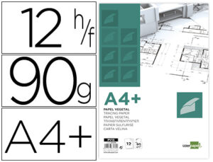 Papel dibujo liderpapel a4+ 320x240mm 90g/m2 vegetal sobre de 12 hojas