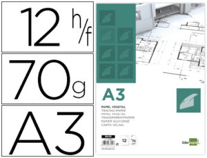 Papel dibujo liderpapel a3 297x420mm 70g/m2 vegetal sobre de 12 hojas