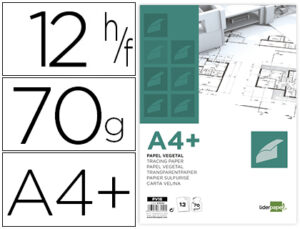 Papel dibujo liderpapel a4+ 320x240mm 70g/m2 vegetal sobre de 12 hojas