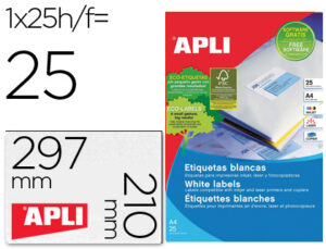 Etiqueta adhesiva apli 1215 tamaño 210×297 mm para fotocopiadora laser ink-jet caja con 25 hojas con 25