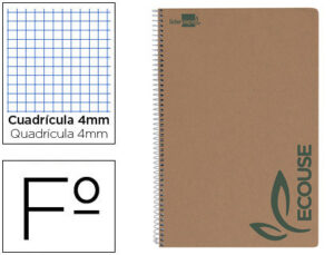 Cuaderno espiral liderpapel folio ecouse tapa cartulina kraft 80h papel reciclado 80 gr cuadro 4mm con margen