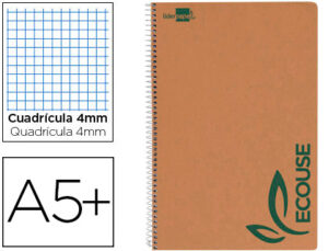 Cuaderno espiral liderpapel cuarto ecouse tapa cartulina kraft 80h papel reciclado 80 grcuadro 4mm