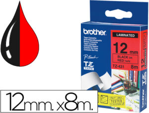 Cinta brother tze431 laminada negro-rojo 12mm x 8mts