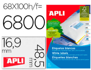 Etiquetas adhesivas apli 01282 tamaño 48,5×16,9 mm para fotocopiadora laser ink-jet caja de 100h dina4 6800 etiqu