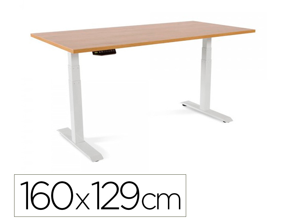 Mesa rocada regulable en altura electricamente hasta 129 cm estructura de acero tablero 160 cm color roble