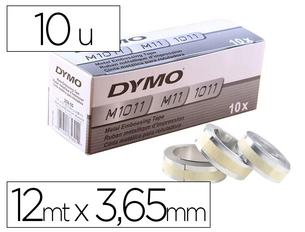 Cinta dymo aluminio con adhesivo 12mm x 3,65mt para rotuladora industrial m1011 caja de 100 unidades