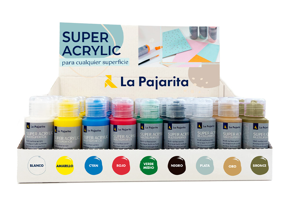 Pintura la pajarita super acrilica bote 60 ml expositor de sobremesa 54 unidades colores surtidos