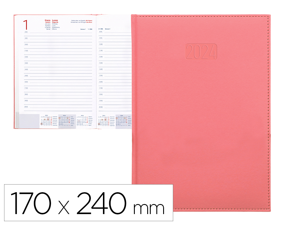 Agenda encuadernada liderpapel creta 17×24 cm 2024 dia pagina color rosa papel 70 gr