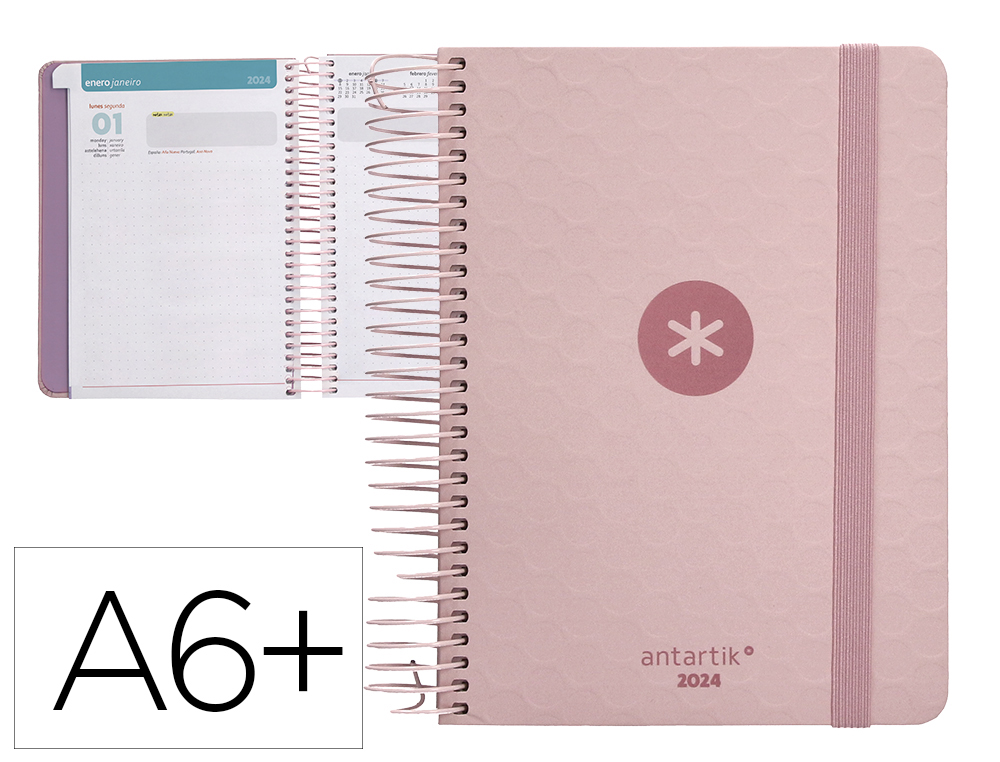 Agenda de oficina antartik a6+ 2024 dia pagina 80 gr con sobre marcapaginas y 3 hojas pegatinas rosa 130×175 mm