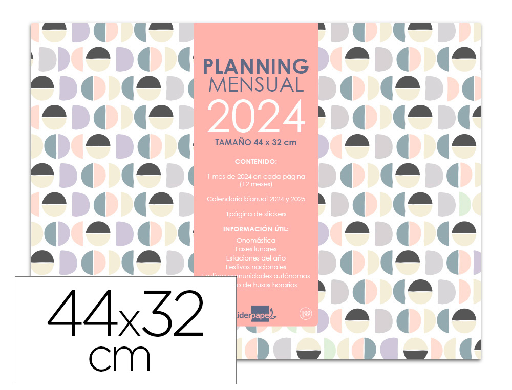 Planning mensual liderpapel joven 2024 44×32 cm con pegatinas lomo engomado papel 100 g