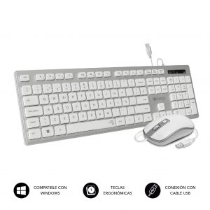 Teclado Ergonómico y ratón con cable USB Plano Silencioso Plateado/Blanco Ergo