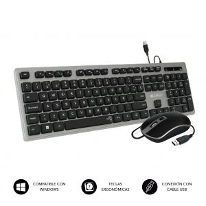 Teclado Ergonómico y ratón con cable USB Plano Silencioso Gris/Negro Ergo