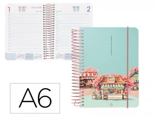 Agenda espiral liderpapel sant orini a6 2025 día página cherry blossoms papel 60 gr